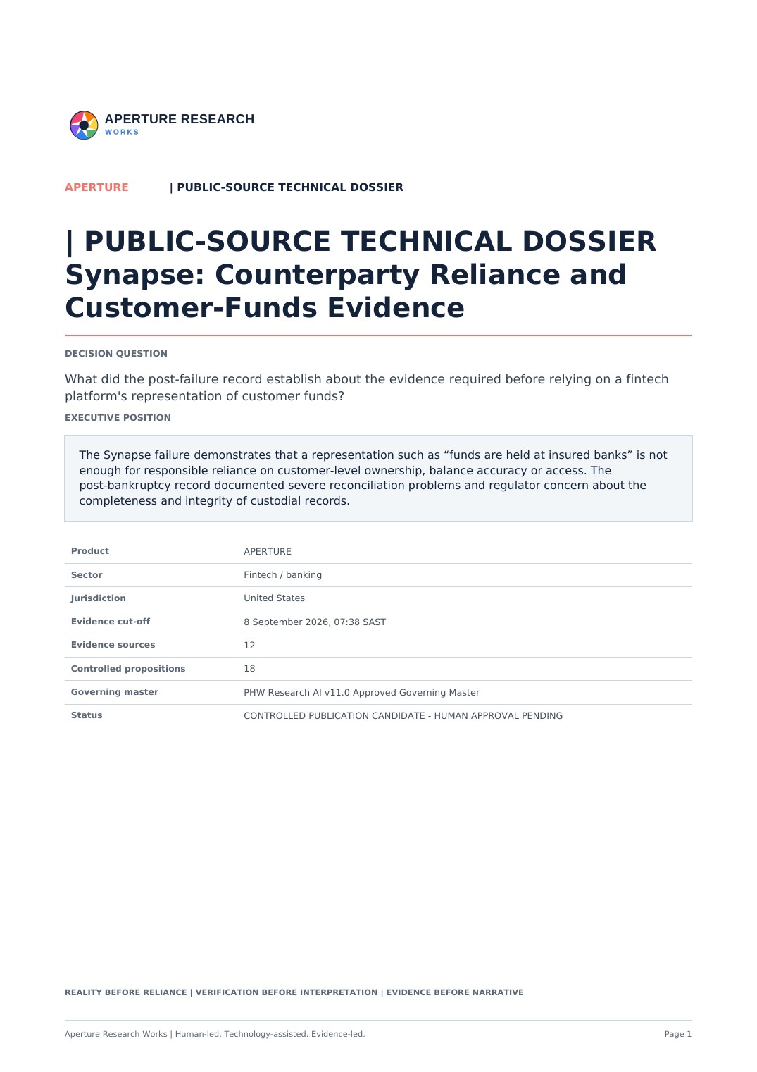 Cover of Synapse Financial Technologies: Counterparty Reality Before Reliance